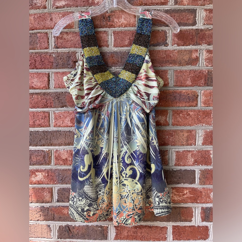 ☀️ Live And Let Live - Size S - Artsy Boho Tank Top Green Beaded V Neck